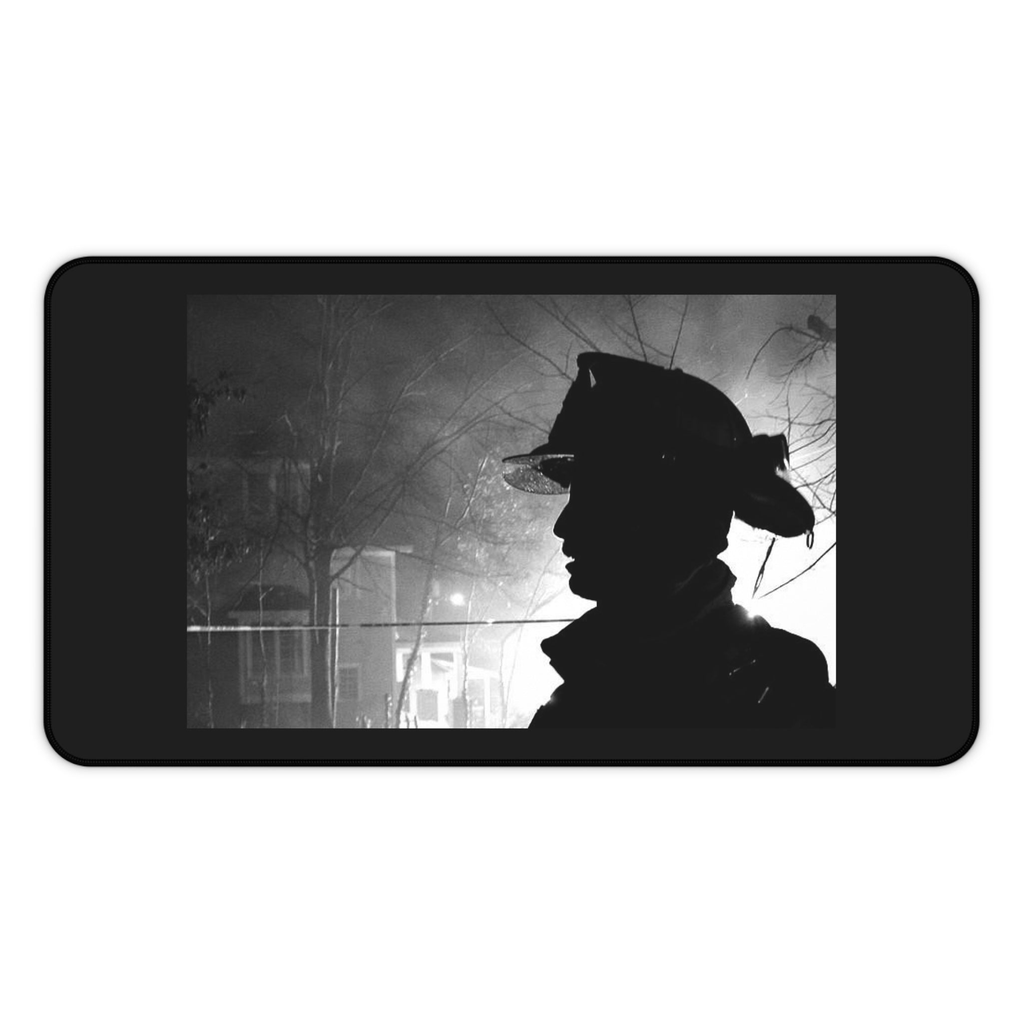 Firefighter Silhouette Desk Mat – Black & White Emergency Hero Mouse Pad