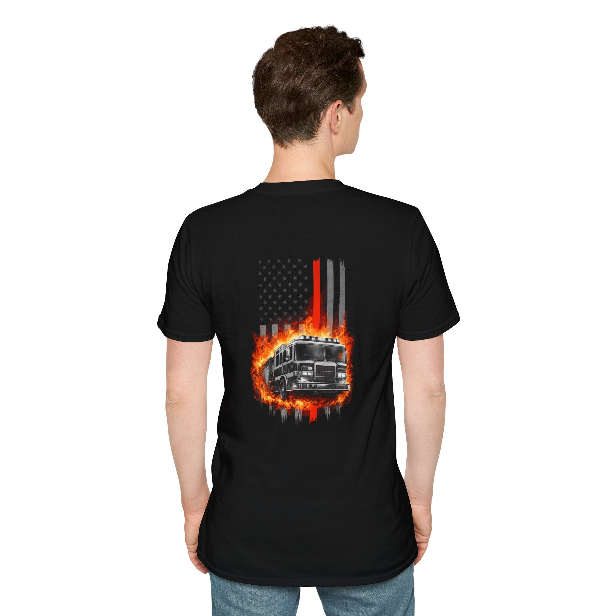 Firefighter T-Shirt with American Flag and Fire Truck