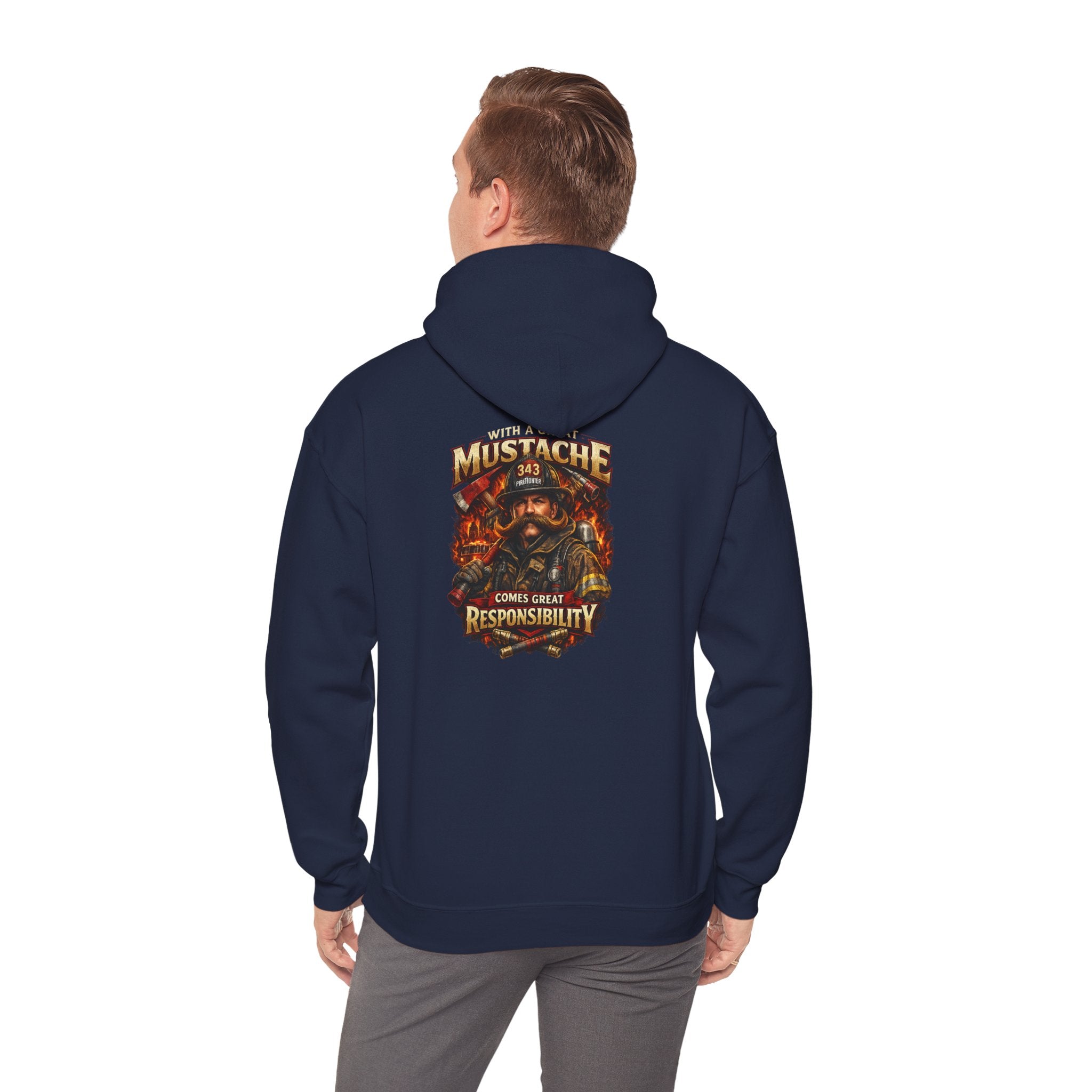 Hoodie - 'Mustache and Responsibility' Vintage Biker Fire Graphic Hooded Sweatshirt