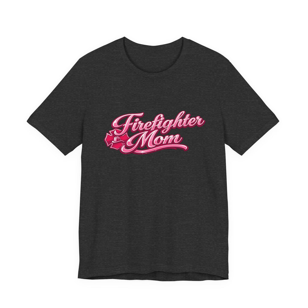 Firefighter Mom T-Shirt — Pink Script Rescue Emblem Tee