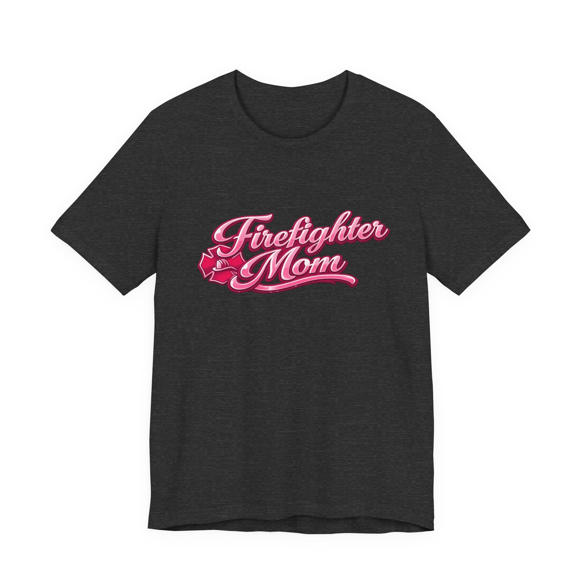 Firefighter Mom T-Shirt — Pink Script Rescue Emblem Tee