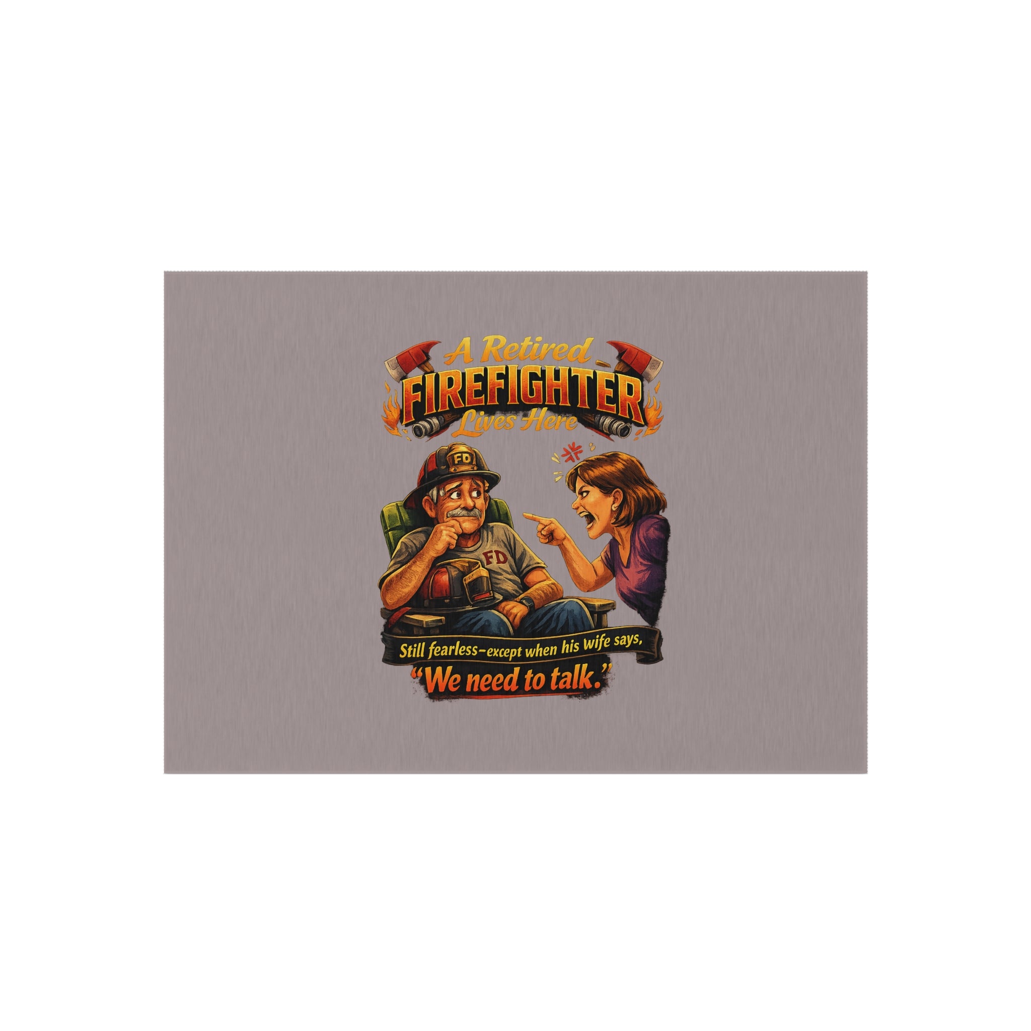 Outdoor Rug — "A Retired Firefighter Lives Here" Funny Patriotic Welcome Mat