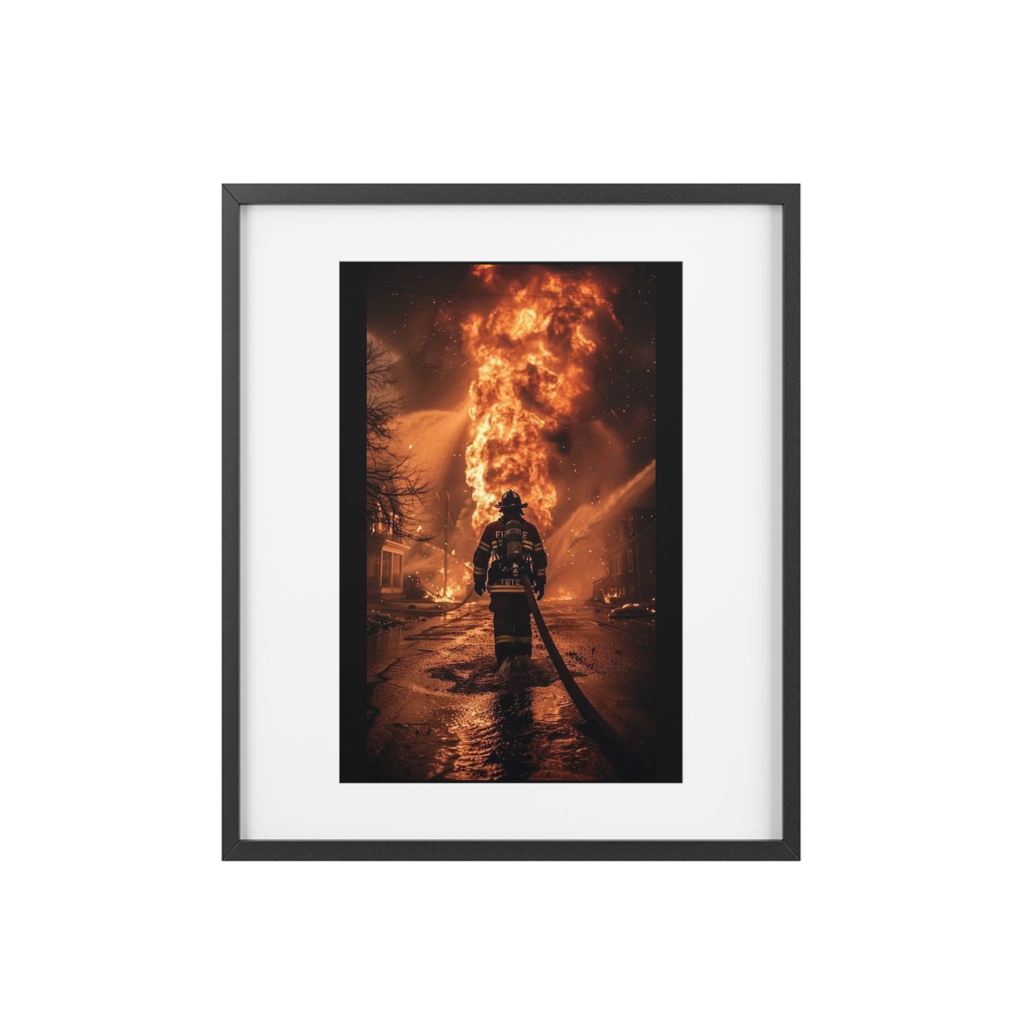 Firefighter Action Framed Poster — Dramatic Blaze Wall Art