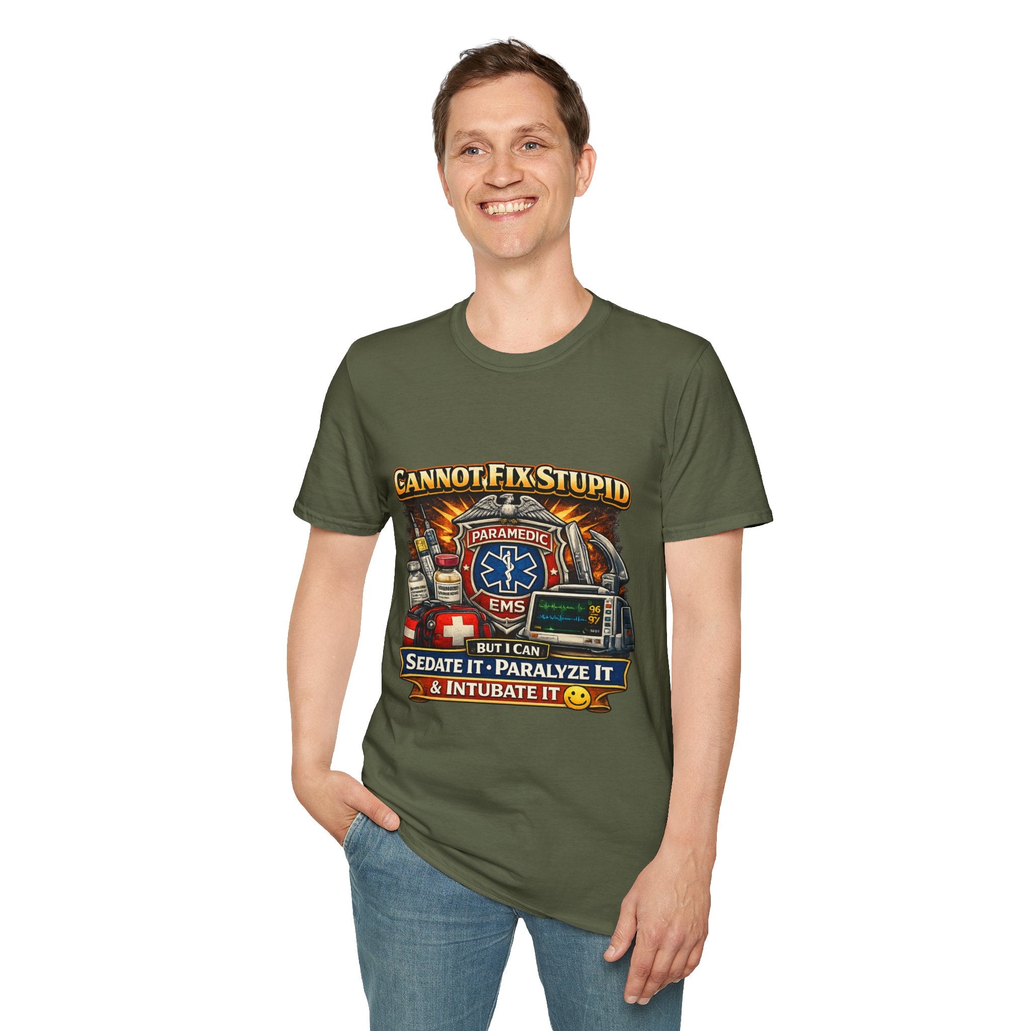 Paramedic EMS Tee — "Cannot Fix Stupid" Funny Paramedic T-Shirt