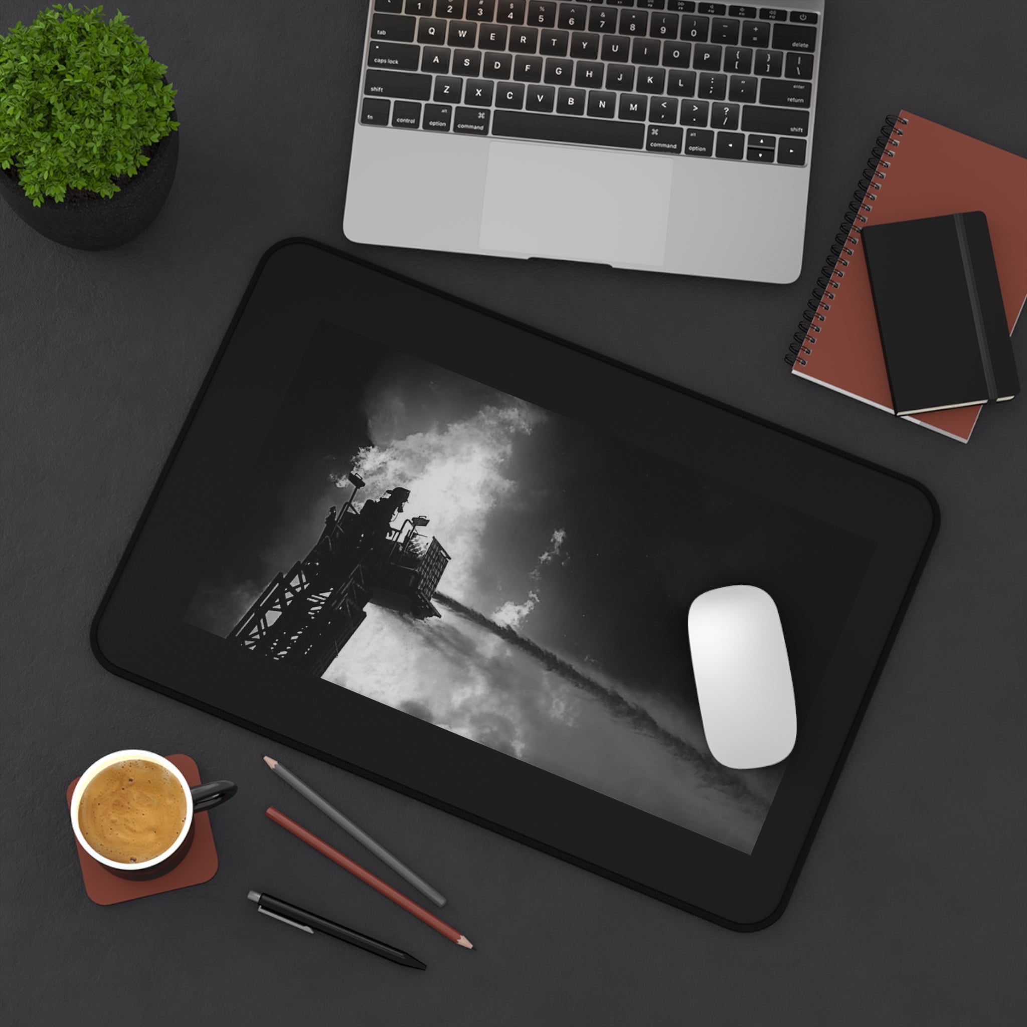 Firefighter Rescue Desk Mat — Dramatic Black & White Firetruck Tower Desk Pad
