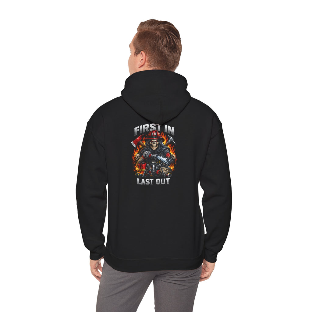 Fireman Skull Hoodie - "Fire In, Last Out" Firefighter Pullover