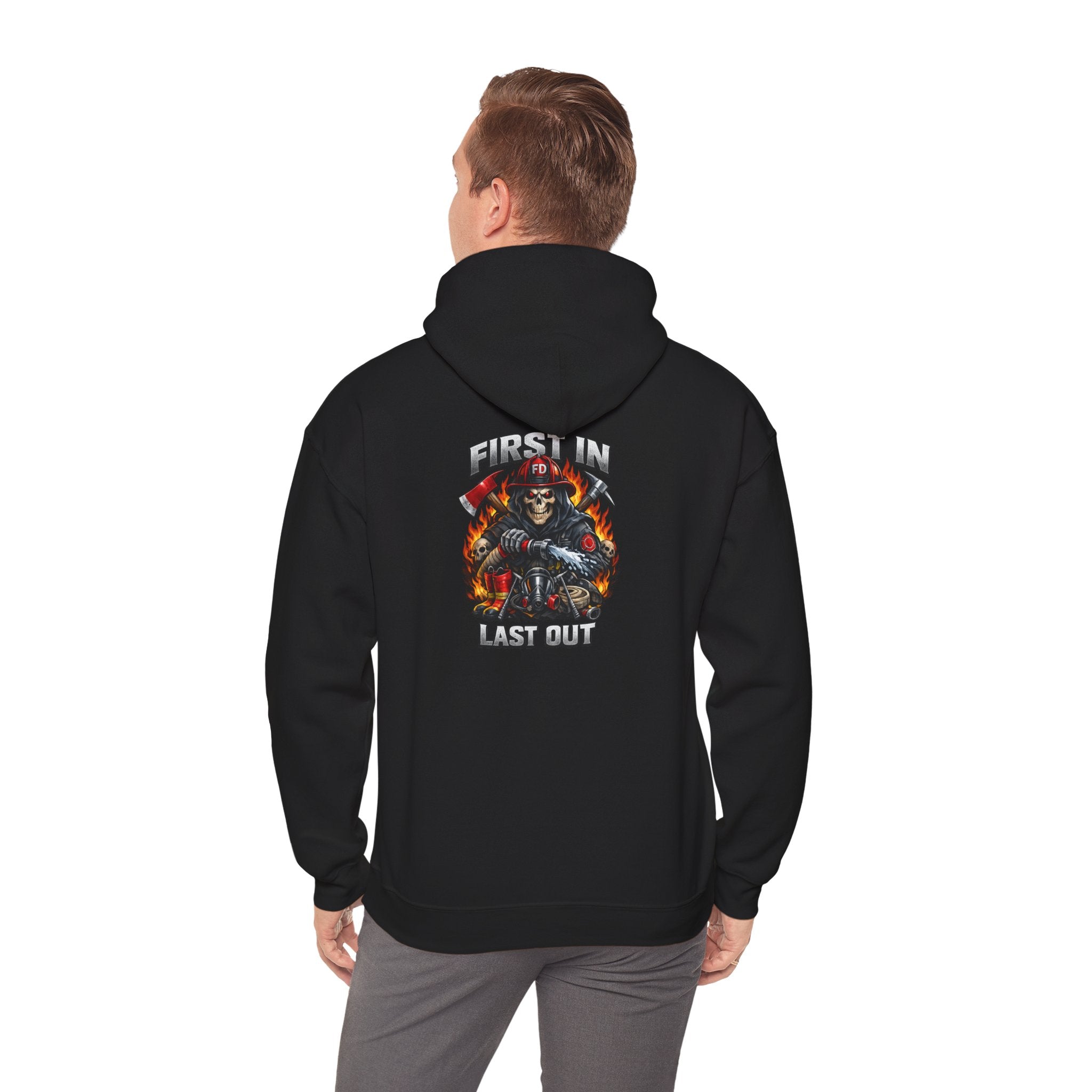 Fireman Skull Hoodie - "Fire In, Last Out" Firefighter Pullover