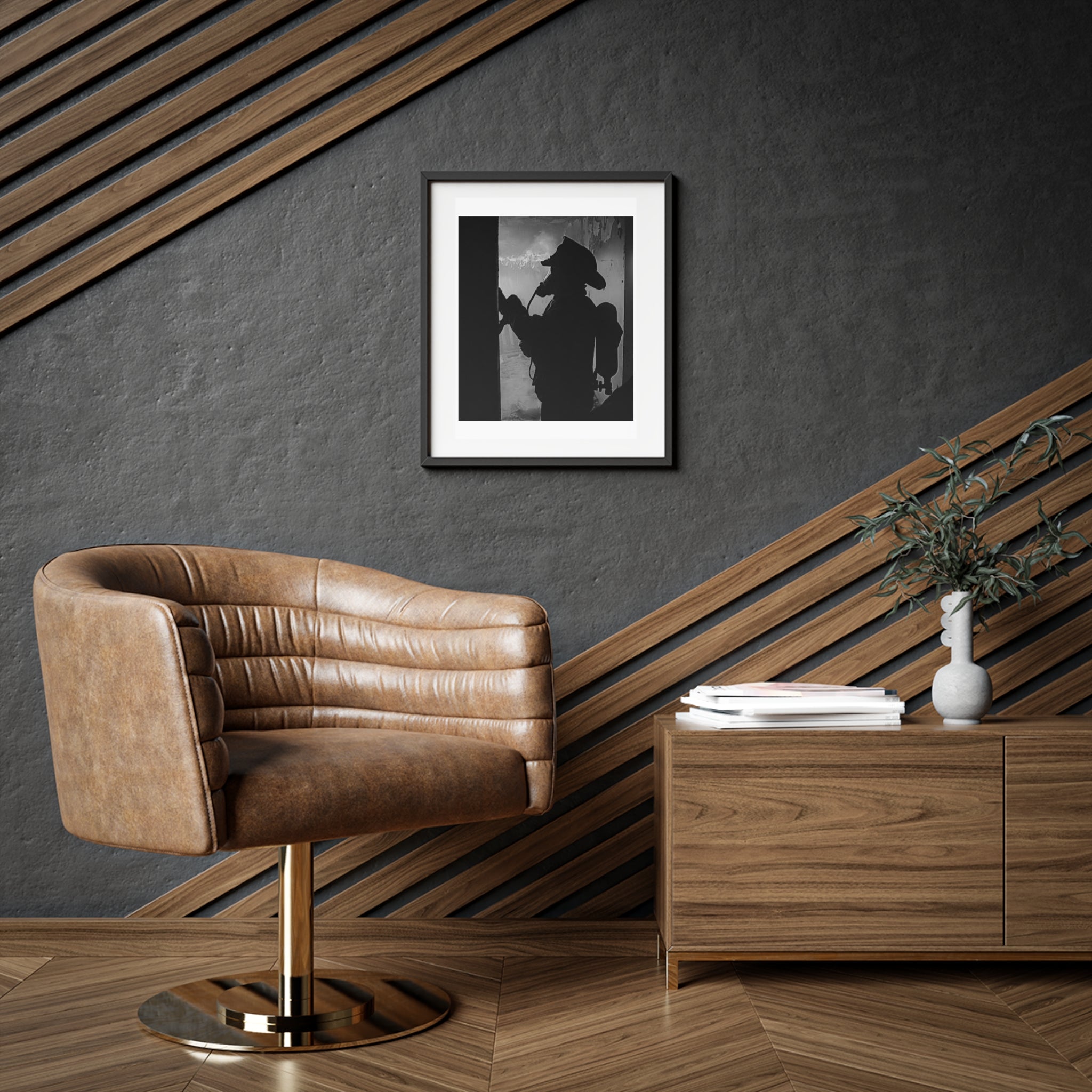 Black & White Firefighter Silhouette Framed Poster — Matte Wall Art